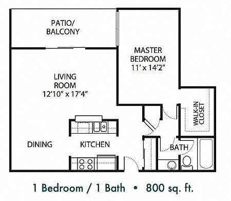 Floor plan for 1 bed, 1 bath, 800 sqft